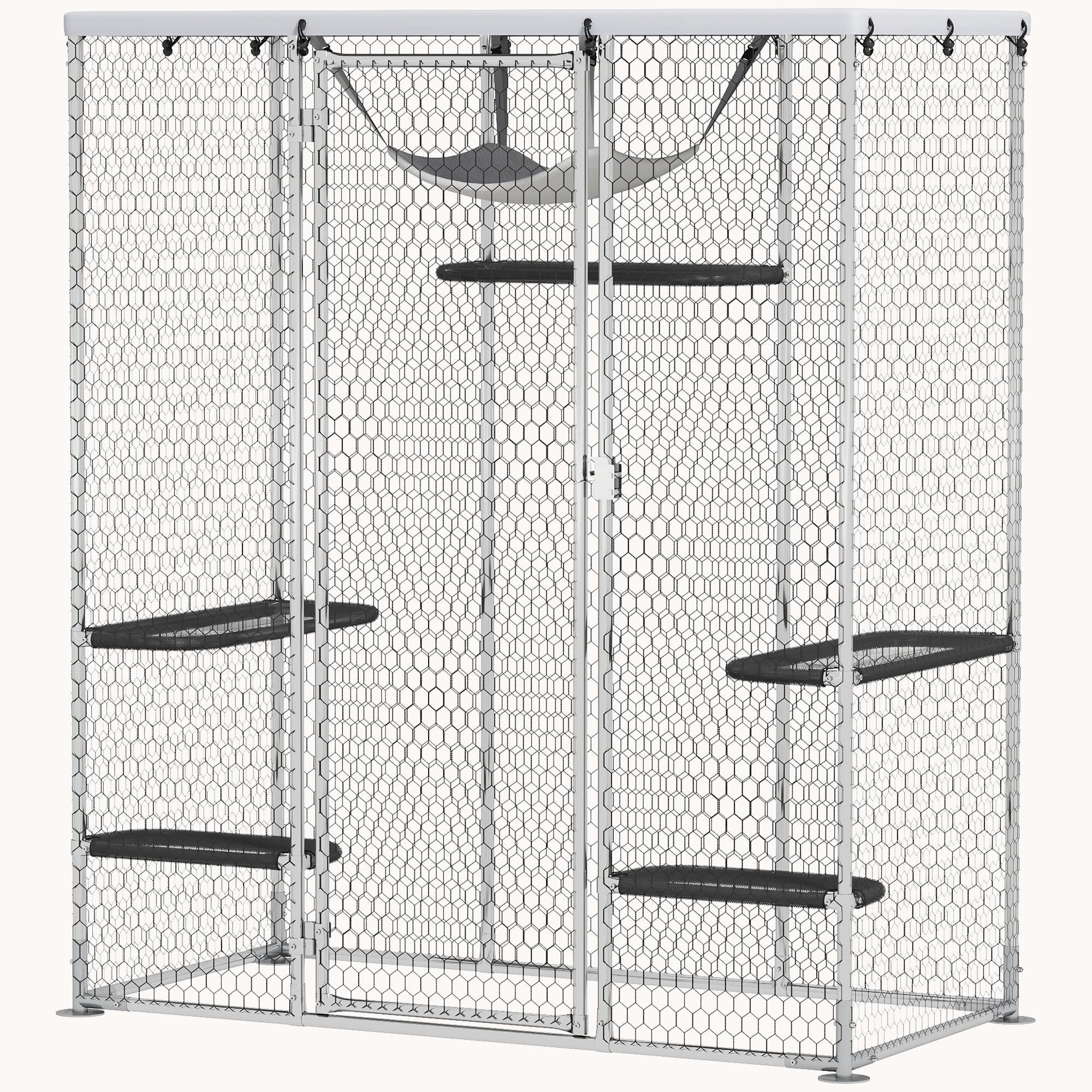 Walk-In Metal Catio with 5 Platforms, Hammock & Cover, Silver