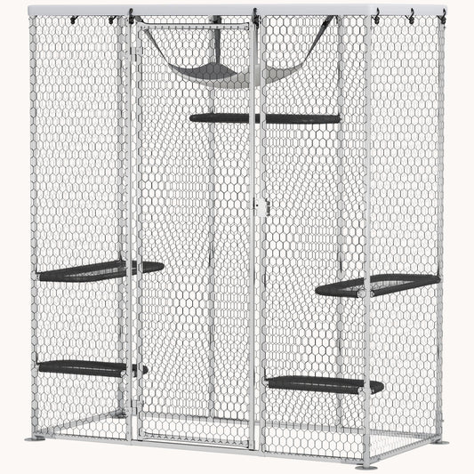 Walk-In Metal Catio with 5 Platforms, Hammock & Cover, Silver
