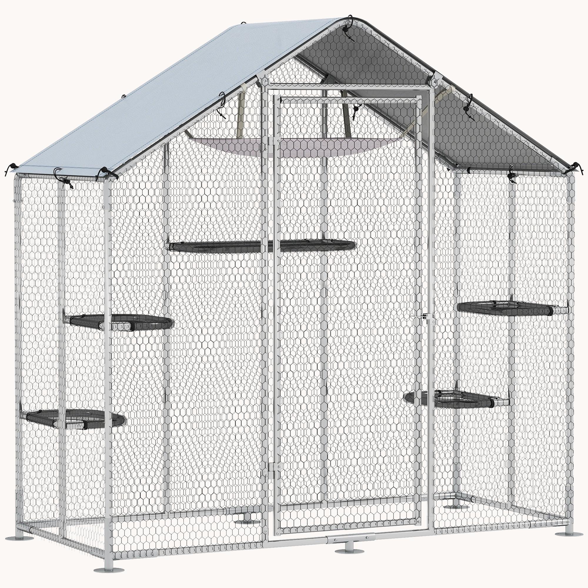 Walk-In Metal Catio with 5 Platforms, Hammock & Cover, Silver