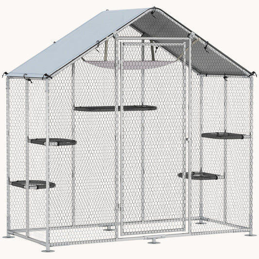Walk-In Metal Catio with 5 Platforms, Hammock & Cover, Silver