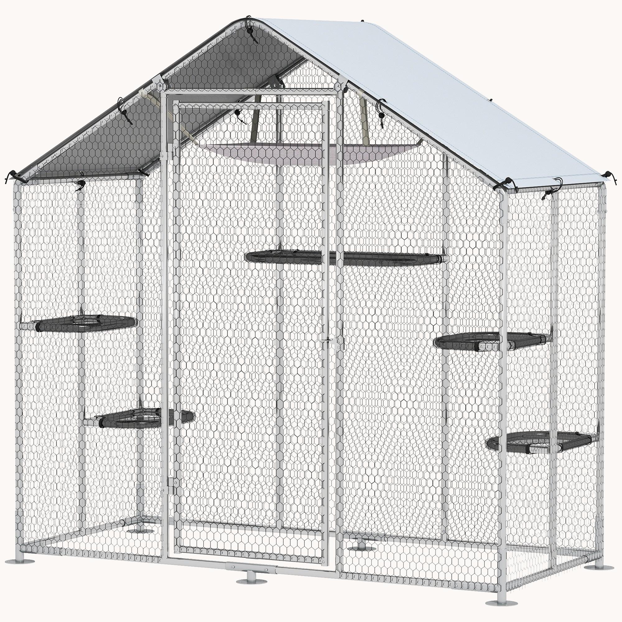 Walk-In Metal Catio with 5 Platforms, Hammock & Cover, Silver
