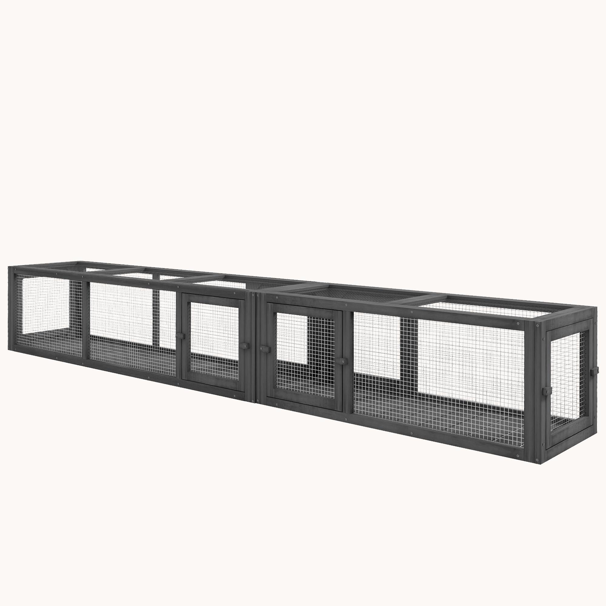 98" Outdoor Wooden Cat Tunnel with 8 Doors & Combinable Design for Kitty, Pet, Dark Gray