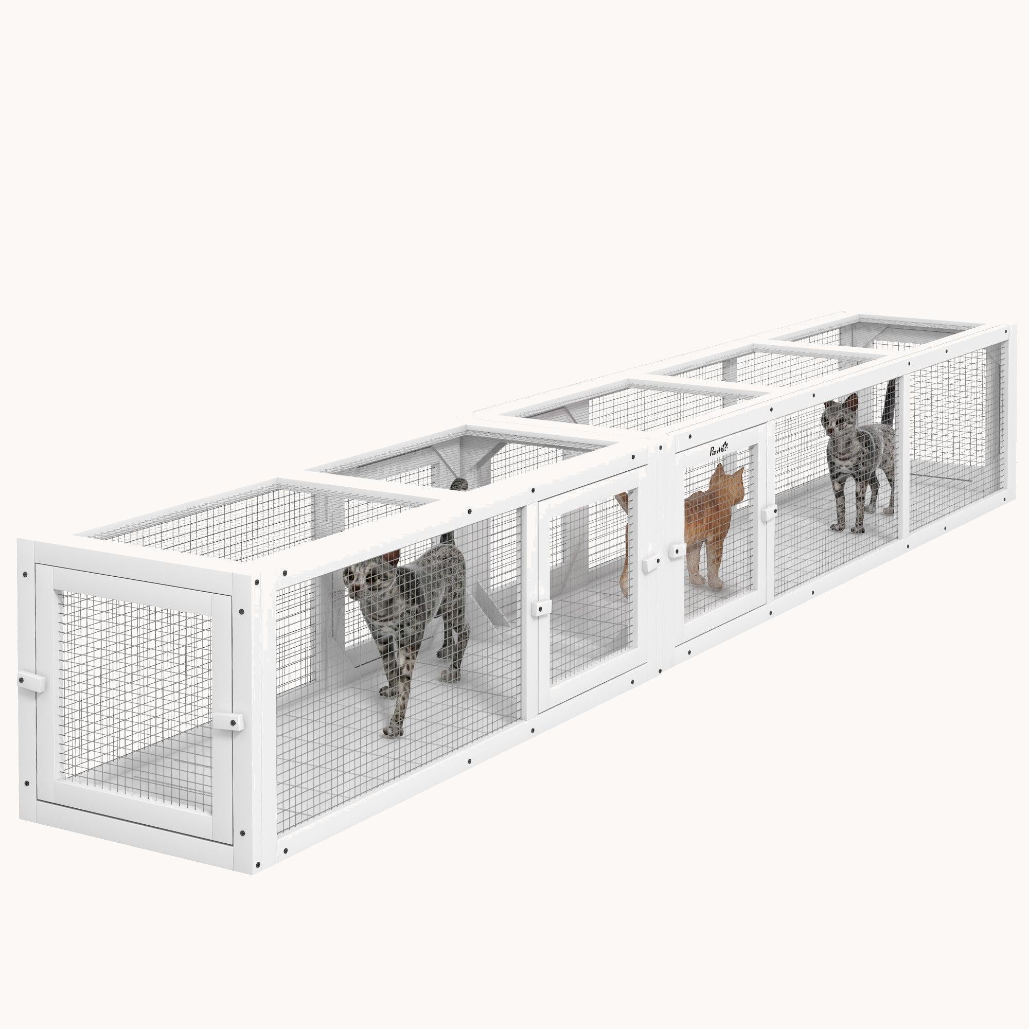 98" Outdoor Wooden Cat Tunnel with 8 Doors & Combinable Design for Kitty, Pet, White