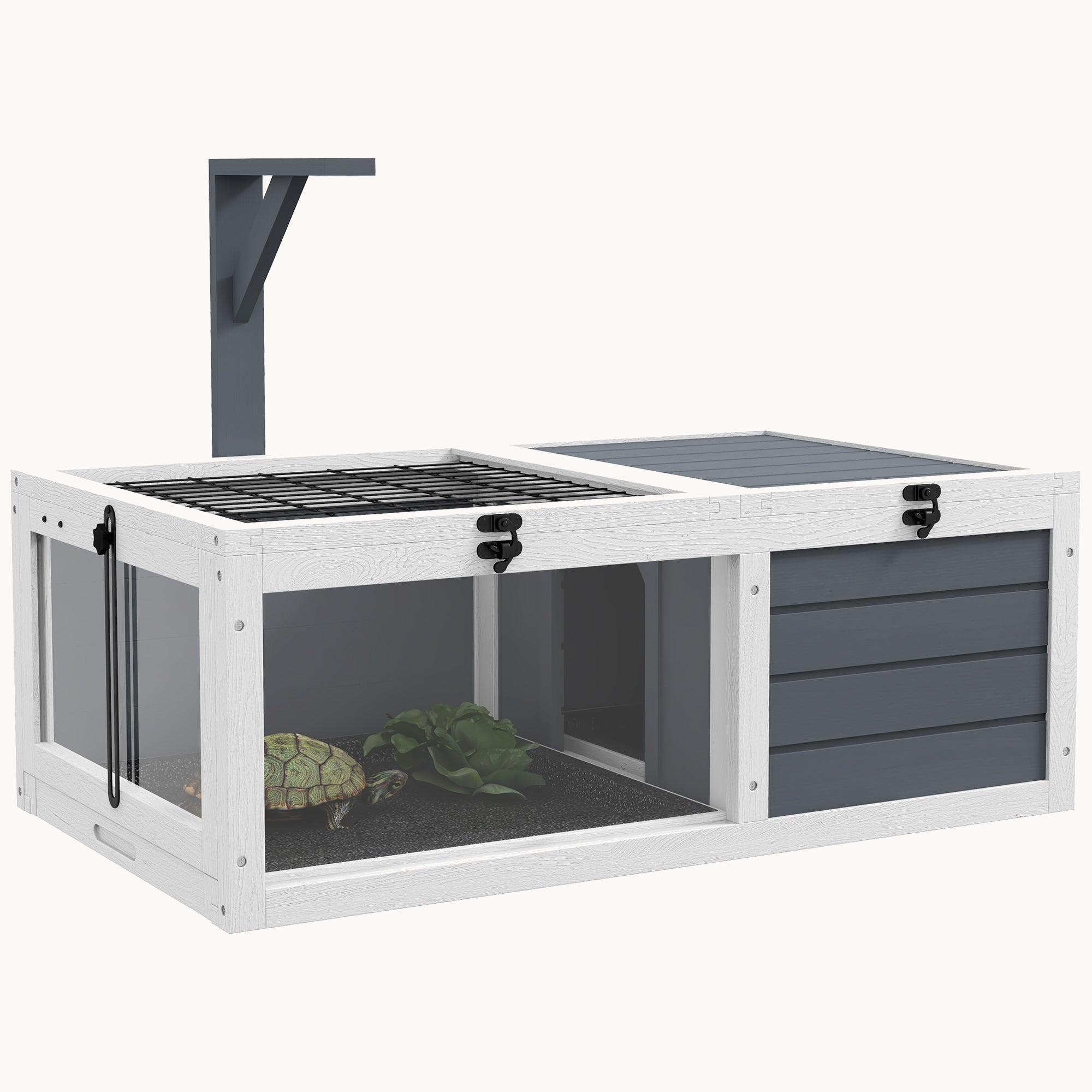 Wooden Tortoise House with Lamp Holder, Waterproof Pull-out Trays & Openable Lid, Gray