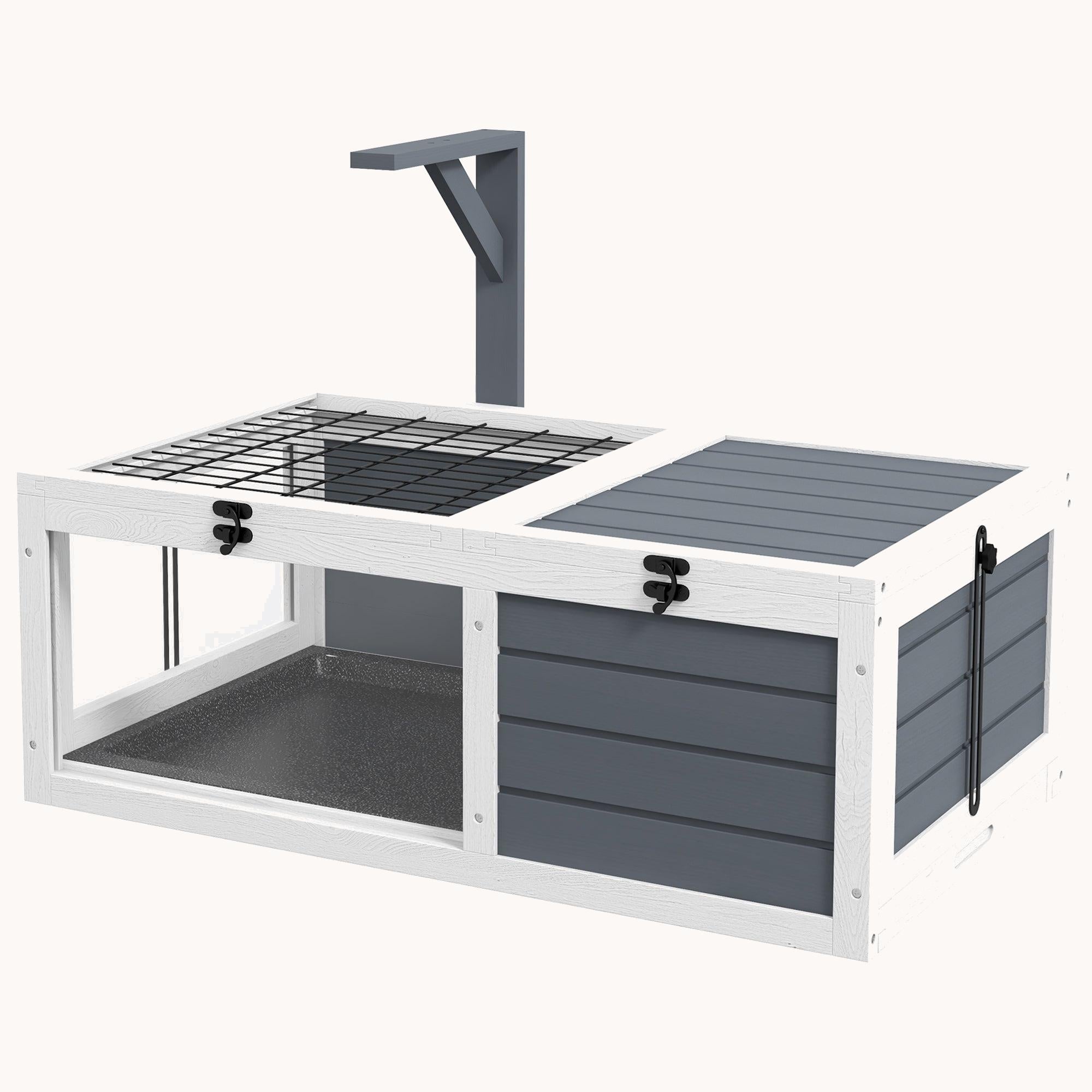 Wooden Tortoise House with Lamp Holder, Waterproof Pull-out Trays & Openable Lid, Gray