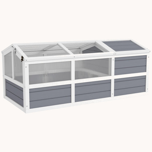 Outdoor Wooden Tortoise House with Bottomless Design, PC Sun Panel Windows & Doors, Light Gray
