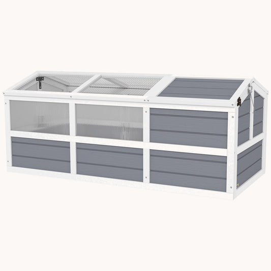 Outdoor Wooden Tortoise House with Bottomless Design, PC Sun Panel Windows & Doors, Light Gray