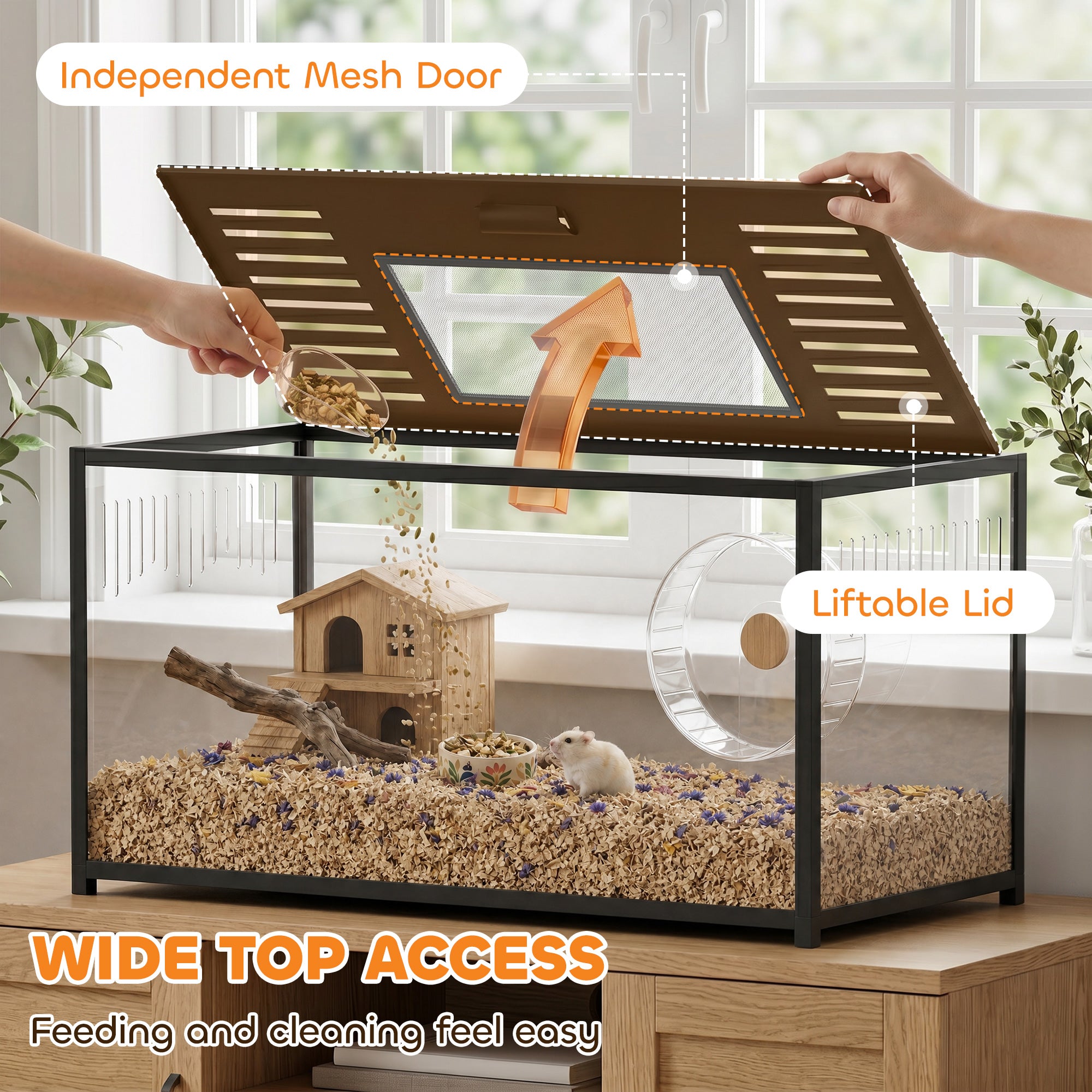 Large Hamster Cage, Chewproof Metal Rat Cage with Deep Base, Openable Top & Excellent Ventilation, Transparent Small Animal Habitat for Syrian Dwarf Hamster, Gerbil, 100 x 50 x 52.5 cm, Black