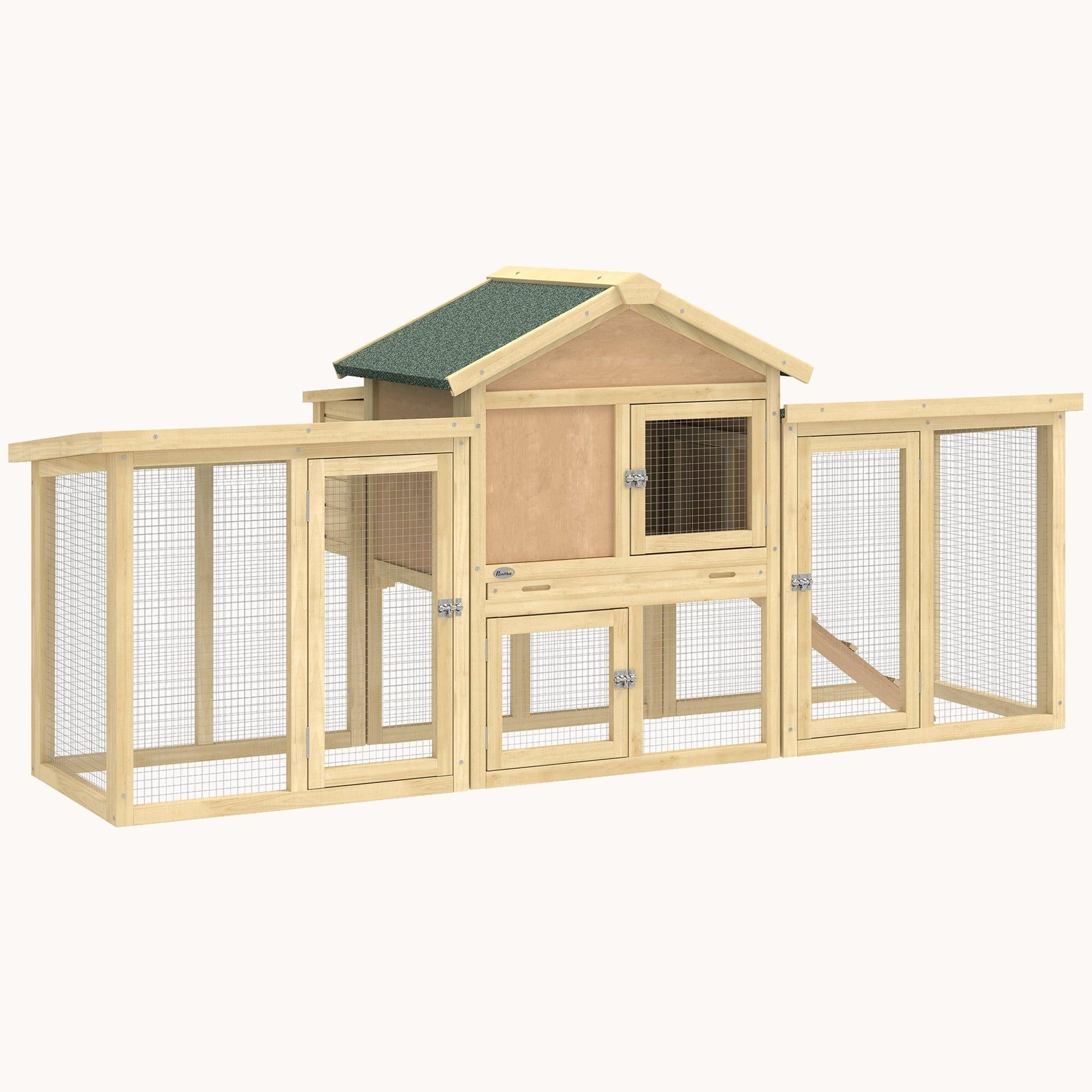 Chicken Coop with Double Runs, Nesting Box, Tray & Ramp, Natural