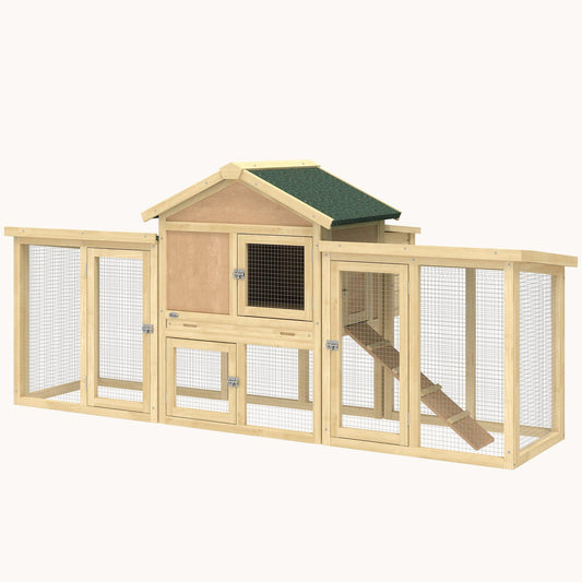 Chicken Coop with Double Runs, Nesting Box, Tray & Ramp, Natural