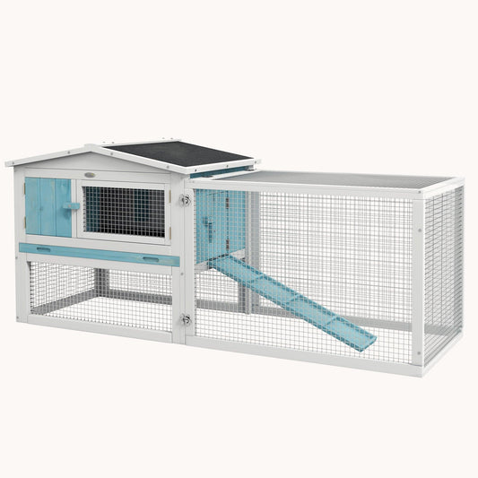 Light Blue 2-Story Rabbit Hutch with Slide-Out Tray, 61.5"x23"x27"