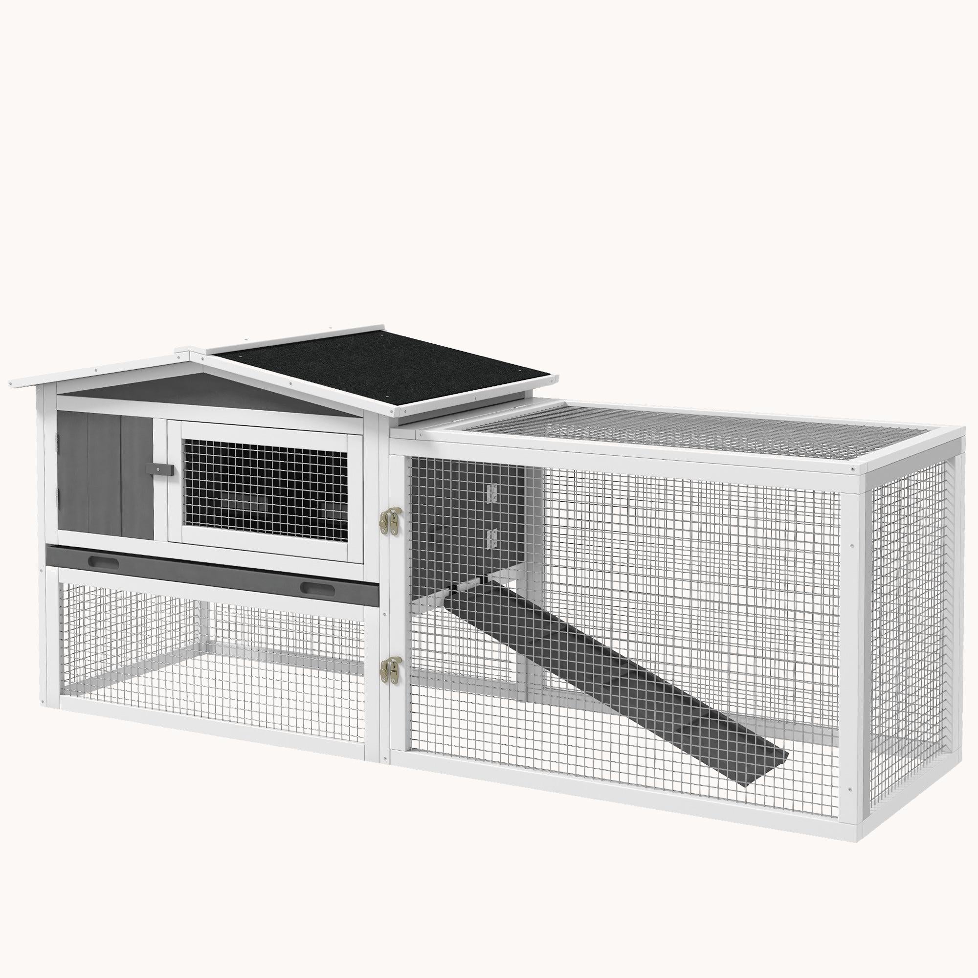 2-Story Indoor/Outdoor Rabbit Hutch with Slide-Out Tray, 61.5"x23"x27", Light Gray