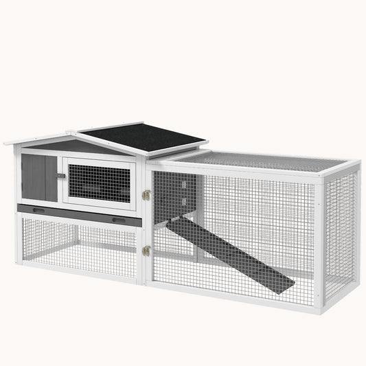 2-Story Indoor/Outdoor Rabbit Hutch with Slide-Out Tray, 61.5"x23"x27", Light Gray