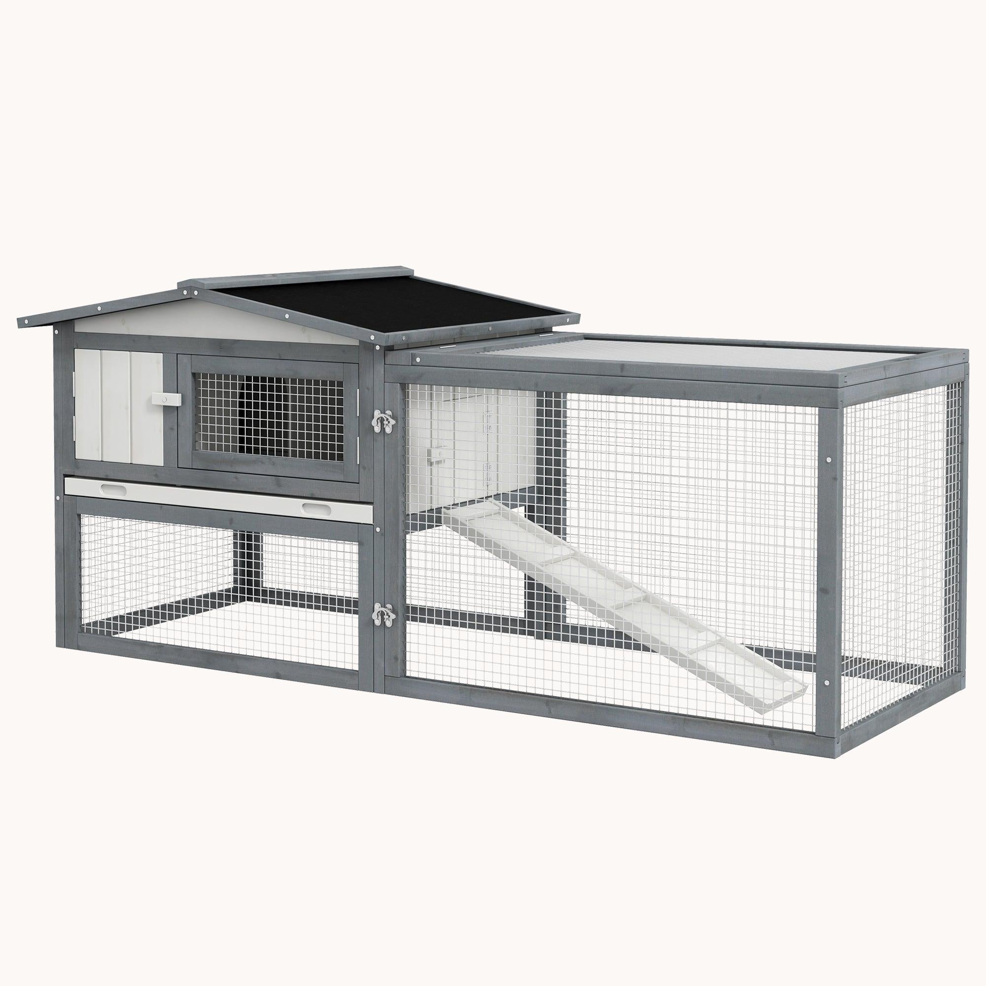 2-Story Rabbit & Guinea Pig Hutch with Slide-Out Tray, 61.5"x23"x27", White