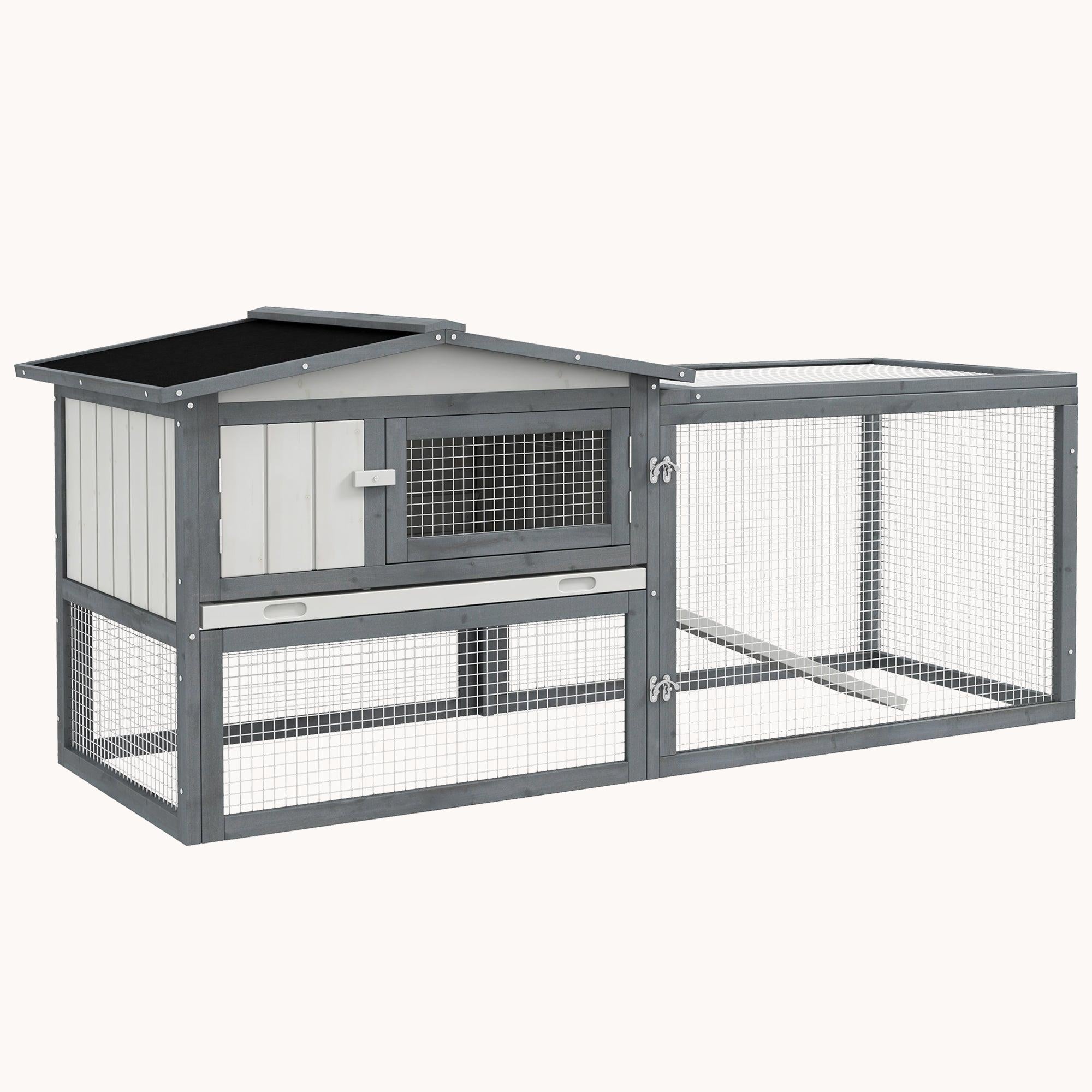 2-Story Rabbit & Guinea Pig Hutch with Slide-Out Tray, 61.5"x23"x27", White