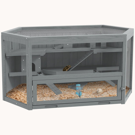 Panorama Natural Hamster Habitat Wide Hexagon 3-Tier Design 45.25" x 23.5" x 21.75" Grey