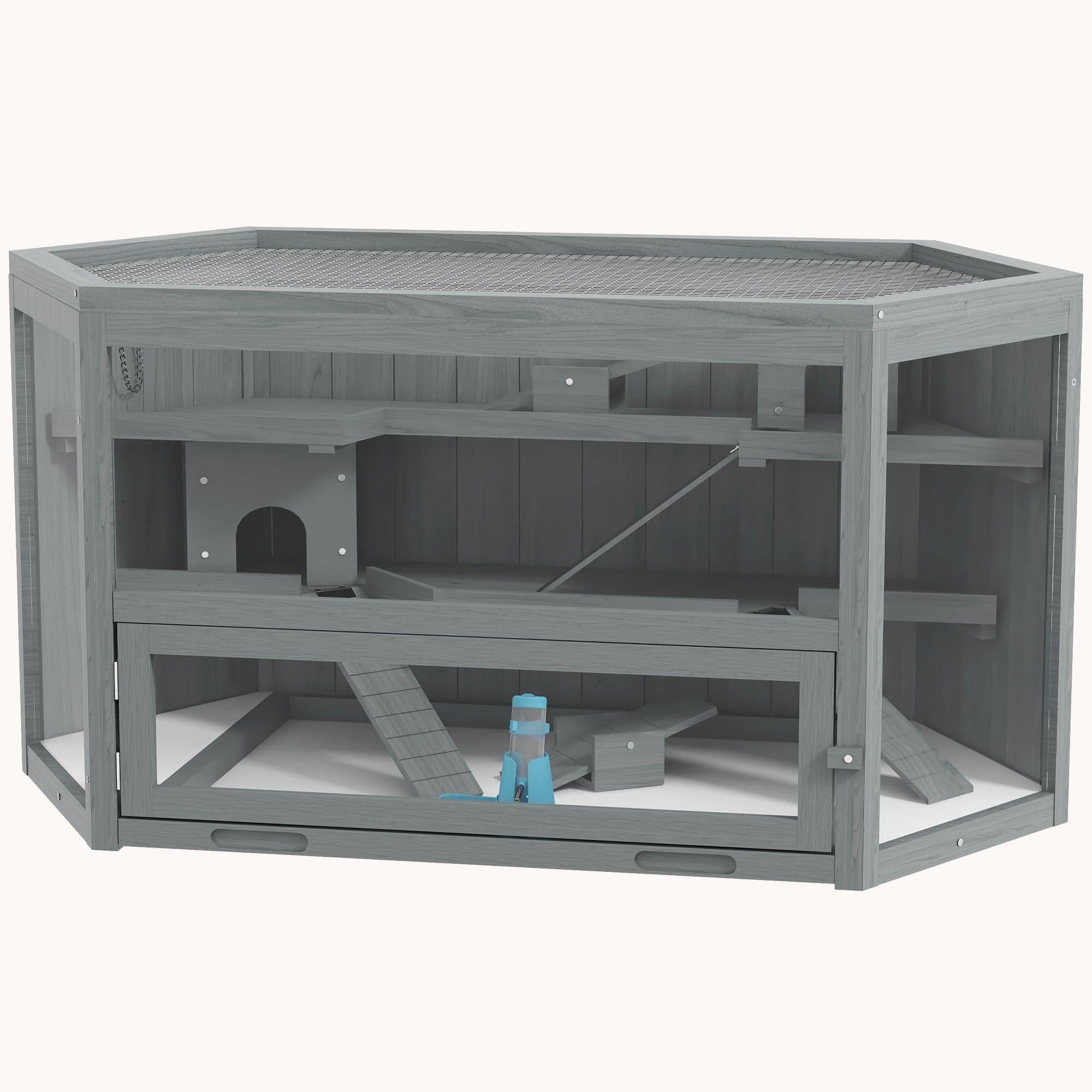 Panorama Natural Hamster Habitat Wide Hexagon 3-Tier Design 45.25" x 23.5" x 21.75" Grey