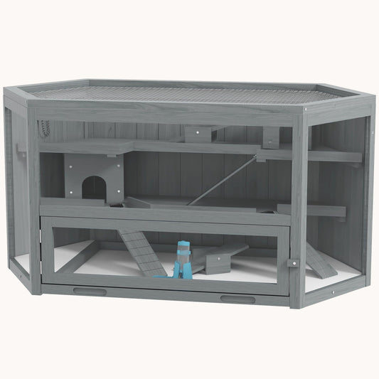 Panorama Natural Hamster Habitat Wide Hexagon 3-Tier Design 45.25" x 23.5" x 21.75" Grey