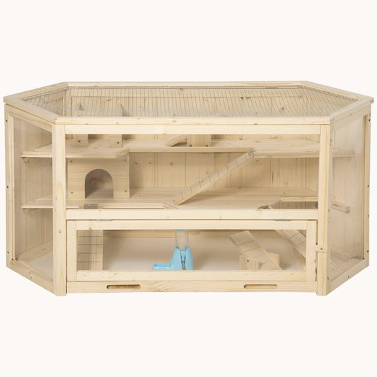 Panorama Natural Hamster Habitat Wide Hexagon 3-Tier Design 45.25" x 23.5" x 21.75"