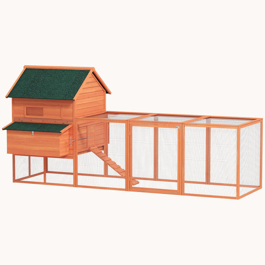 137" Chicken Coop, Large Chicken House, Wooden Poultry Hen Cage with Nesting Box and Run for Backyard, Orange
