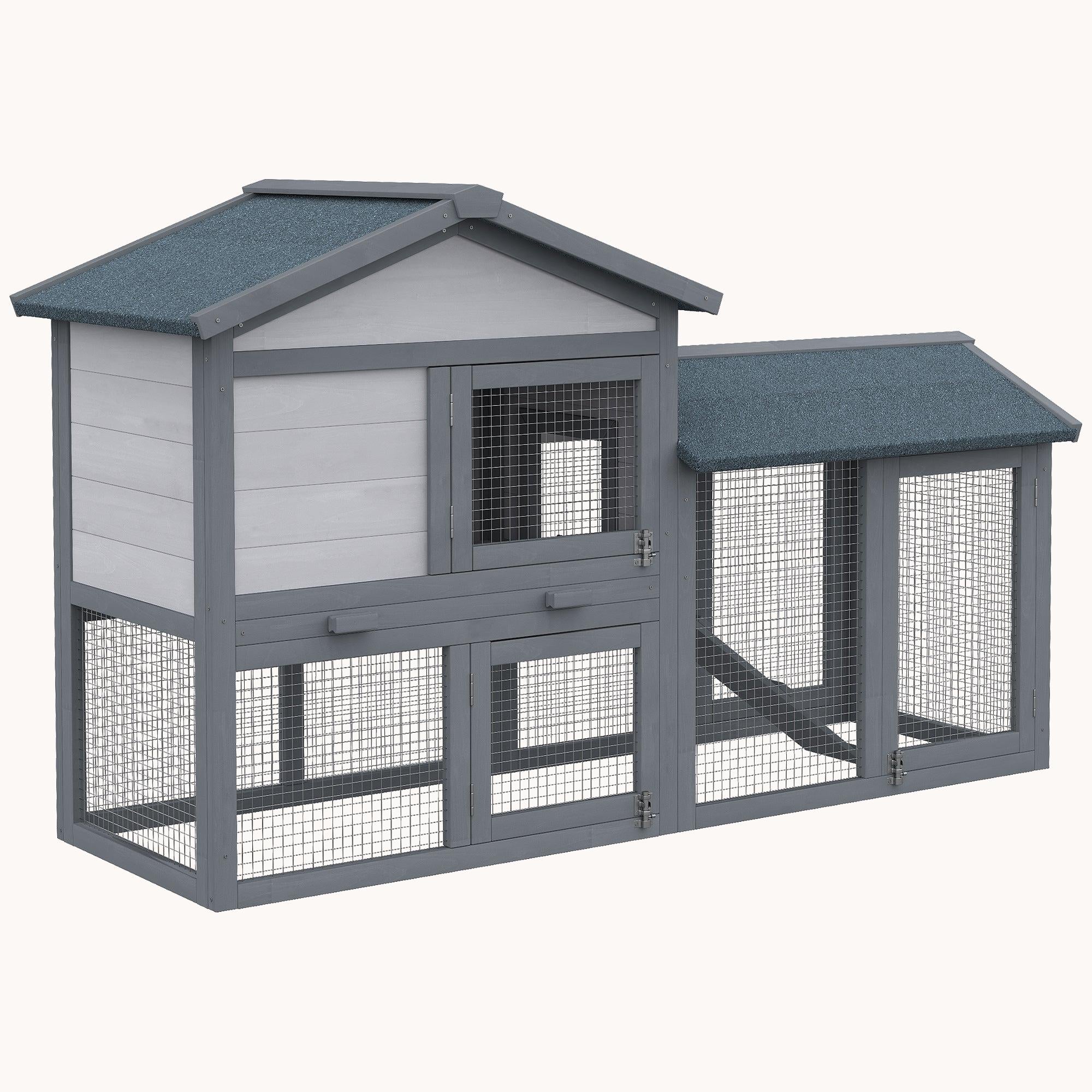 58" Wooden Rabbit Hutch with Run Area, Removable Tray & Lockable Doors, Dark Gray