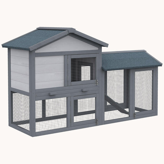 58" Wooden Rabbit Hutch with Run Area, Removable Tray & Lockable Doors, Dark Gray