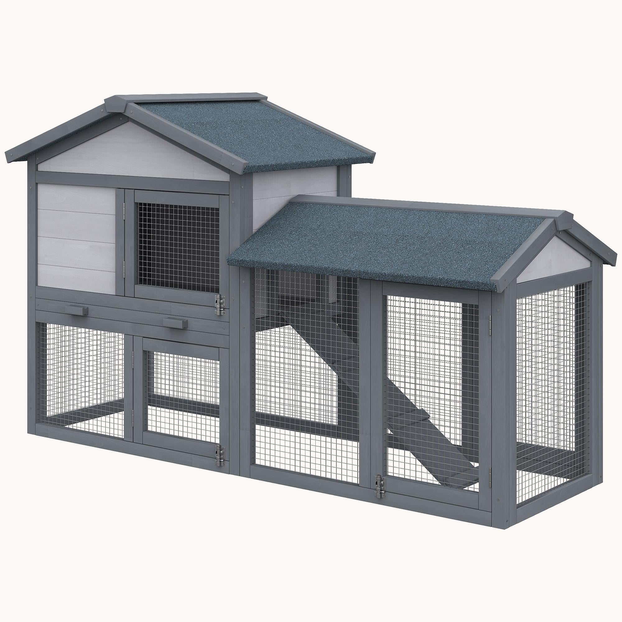 58" Wooden Rabbit Hutch with Run Area, Removable Tray & Lockable Doors, Dark Gray