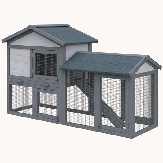 58" Wooden Rabbit Hutch with Run Area, Removable Tray & Lockable Doors, Dark Gray