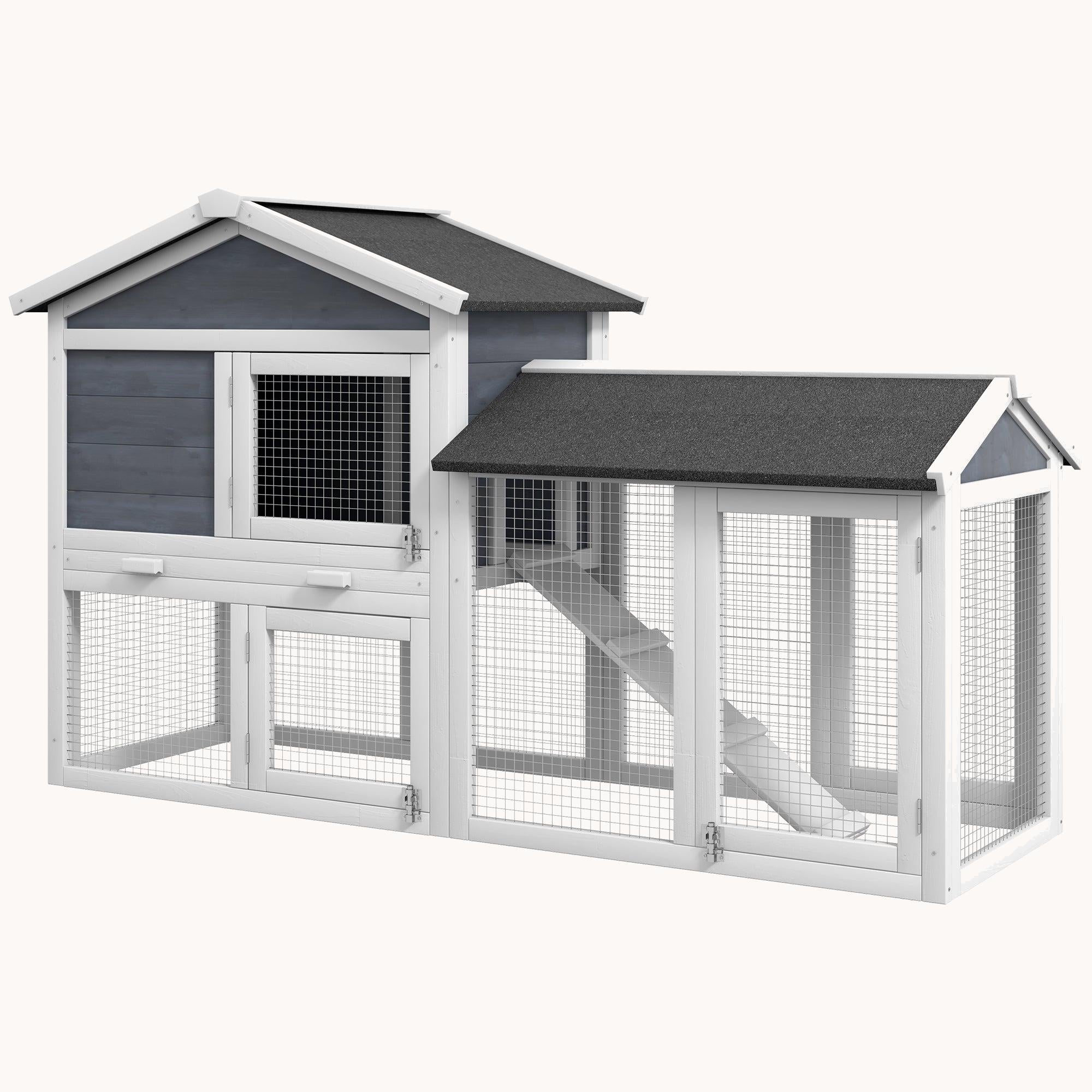 58" Wooden Rabbit Hutch with Run Area, Removable Tray & Lockable Doors, Gray