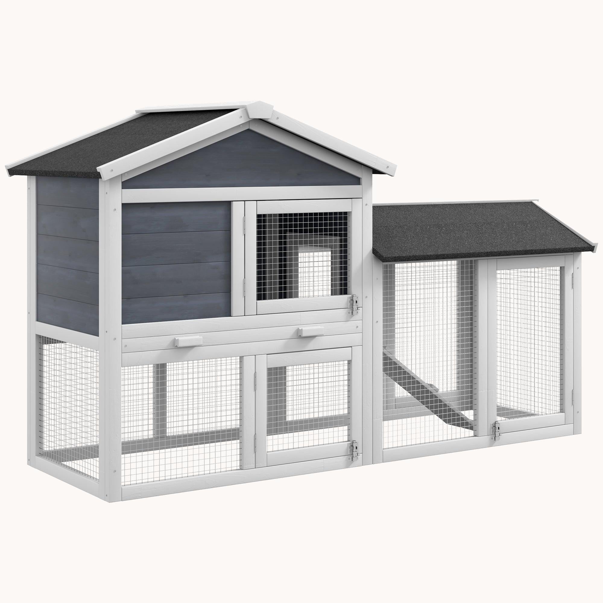 58" Wooden Rabbit Hutch with Run Area, Removable Tray & Lockable Doors, Gray