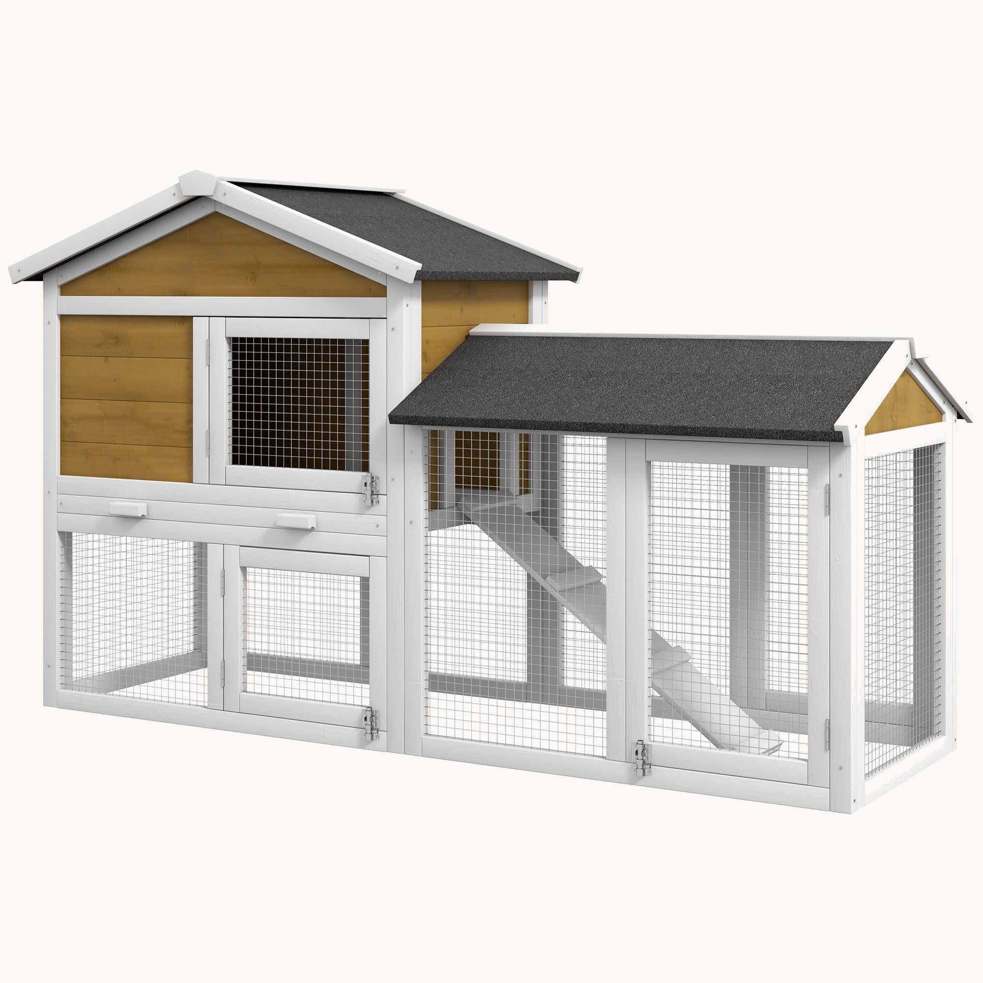 58" Wooden Rabbit Hutch with Run Area, Removable Tray & Lockable Doors, Nature Wood