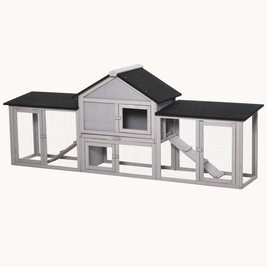 83" Outdoor Rabbit Hutch with Double Runs & Weatherproof Roof, Gray