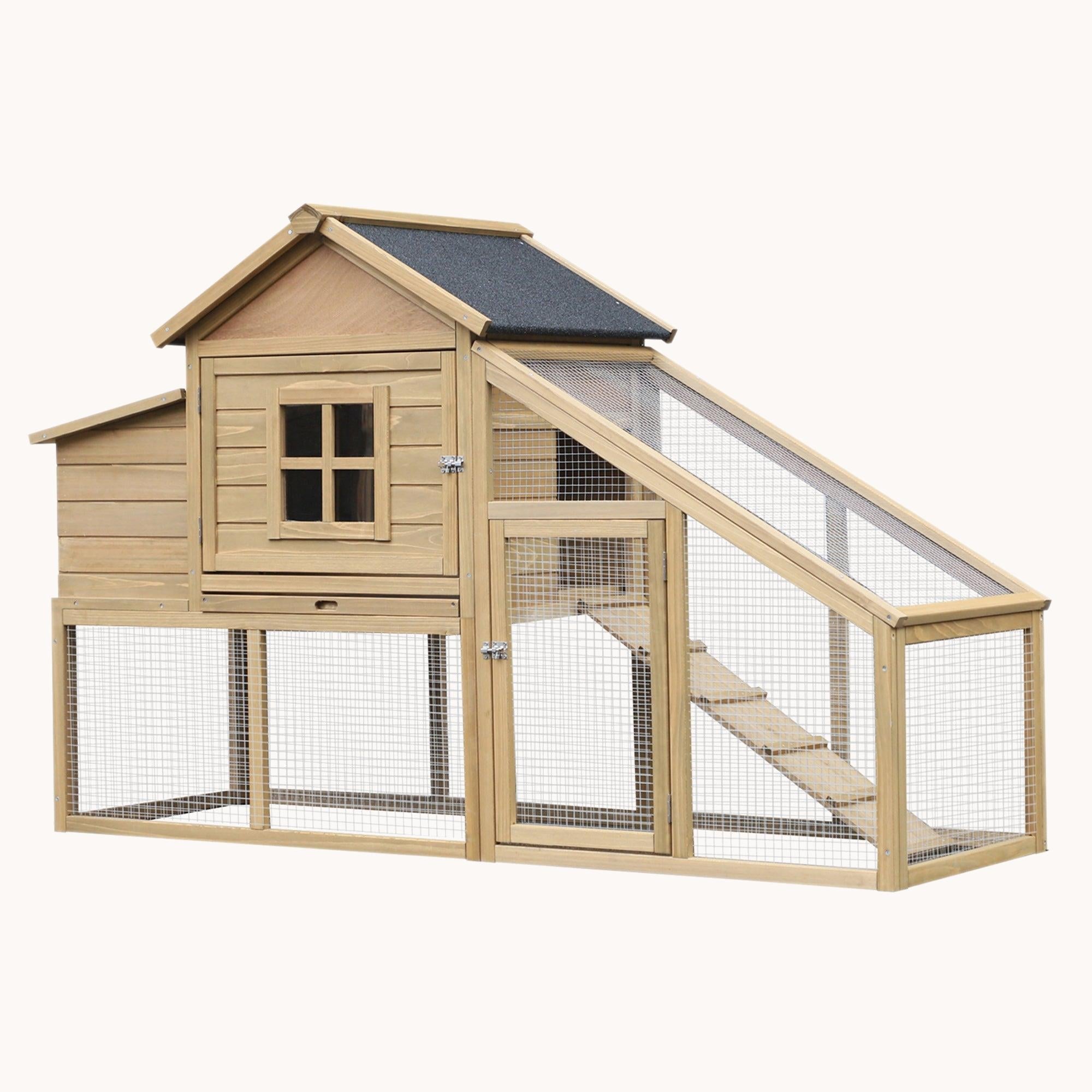 69" Wooden Hen Habitat, Poultry Cage with Ramp, Vent Window, Nesting Box, Natural