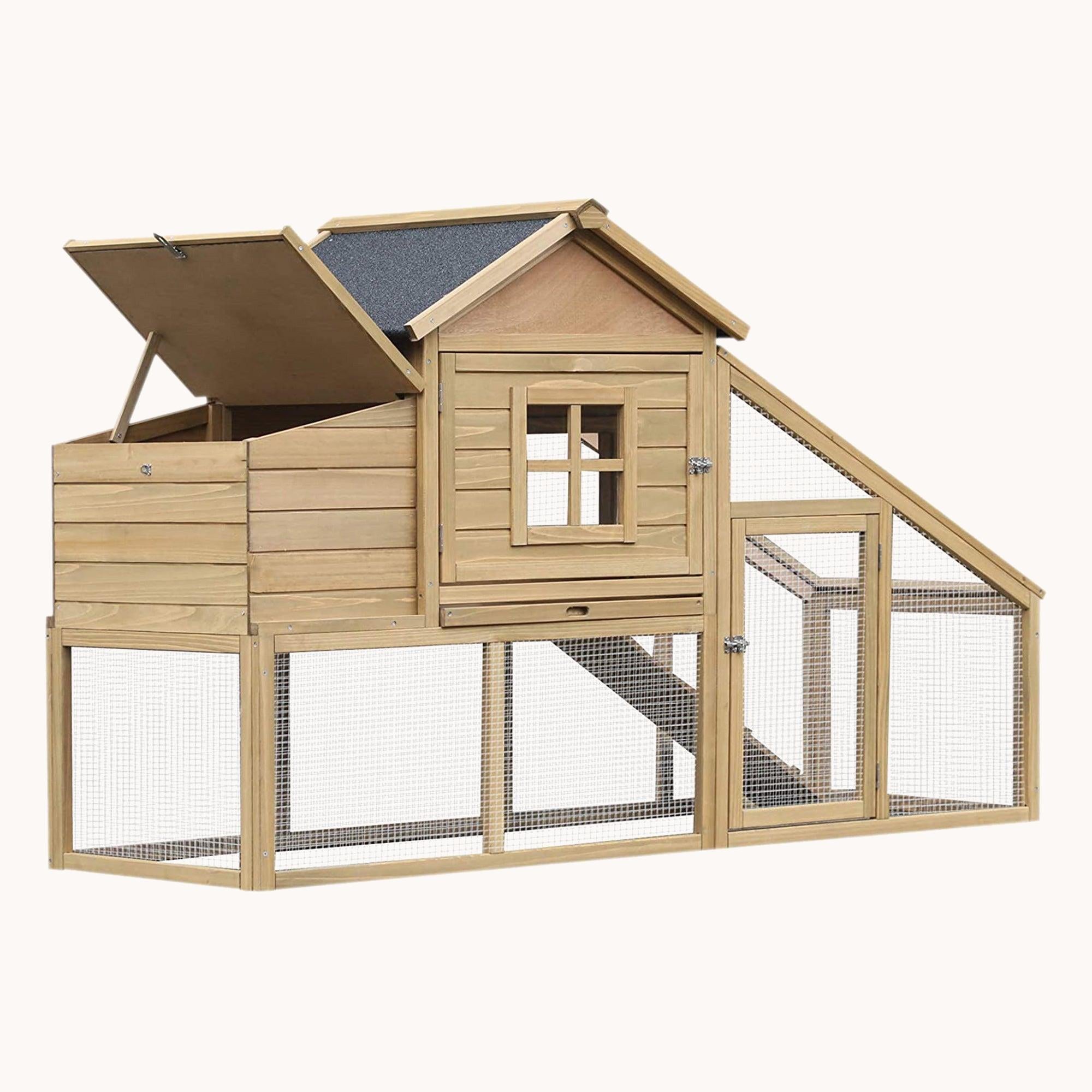 69" Wooden Hen Habitat, Poultry Cage with Ramp, Vent Window, Nesting Box, Natural