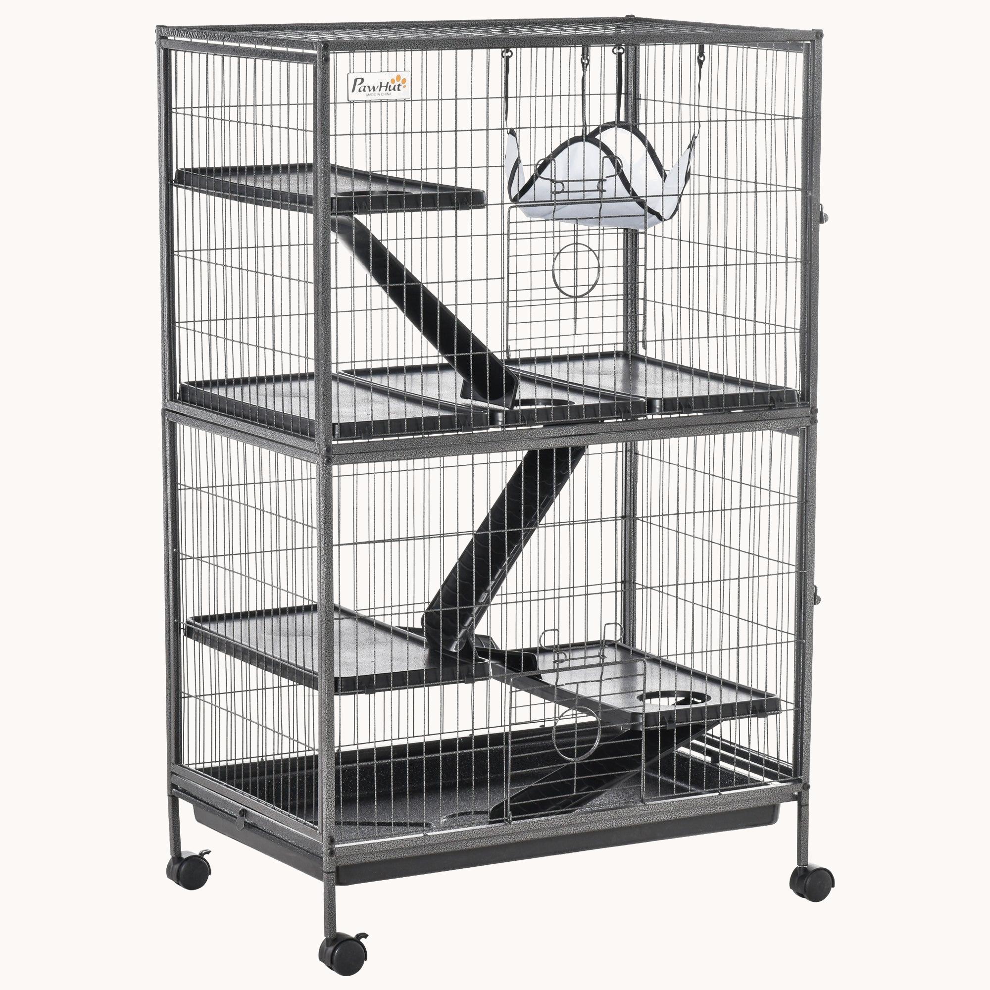 50" 5-Tier Small Animal Cage with Hammock, 6-Door Design, Removable Tray, Silver