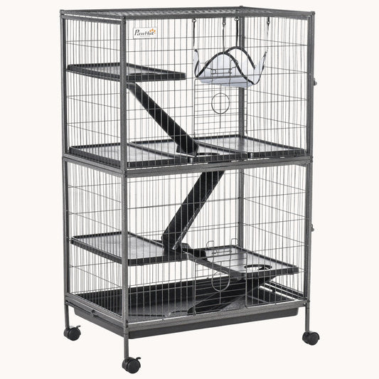 50" 5-Tier Small Animal Cage with Hammock, 6-Door Design, Removable Tray, Silver