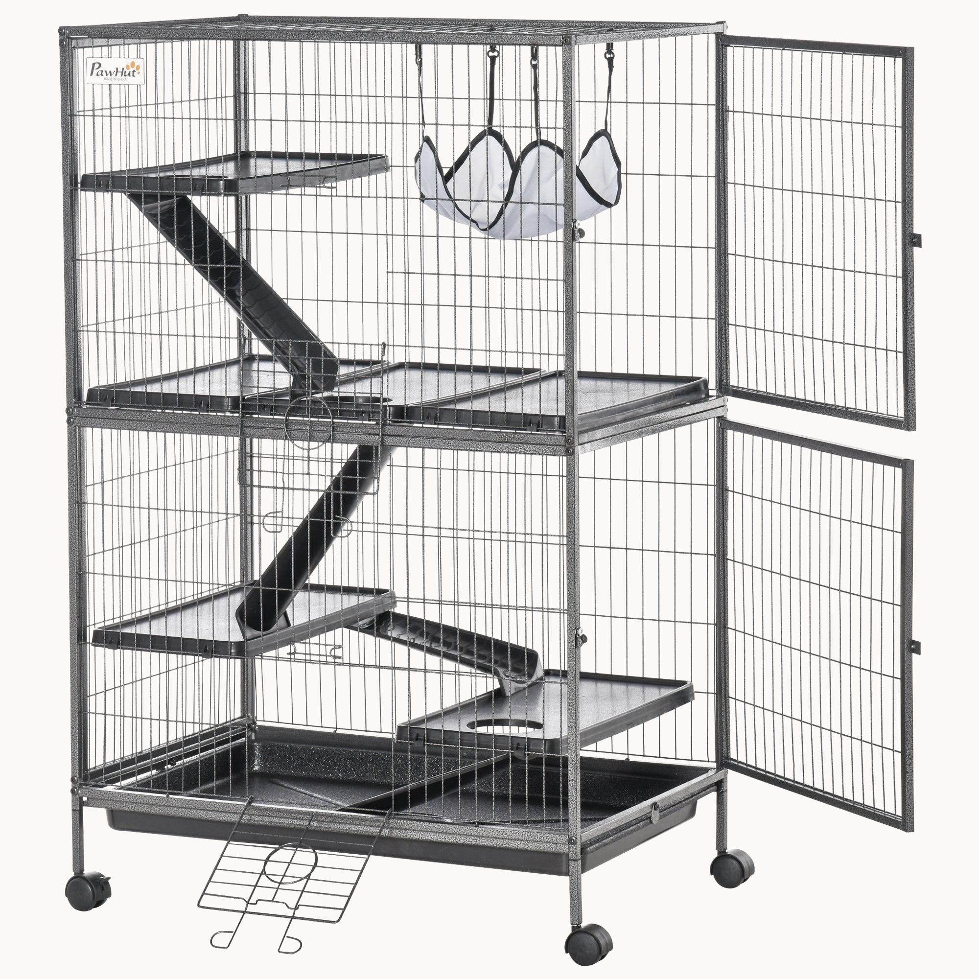 50" 5-Tier Small Animal Cage with Hammock, 6-Door Design, Removable Tray, Silver