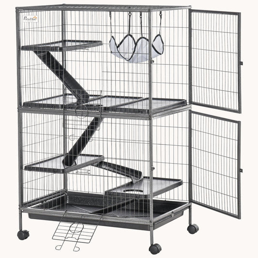 50" 5-Tier Small Animal Cage with Hammock, 6-Door Design, Removable Tray, Silver