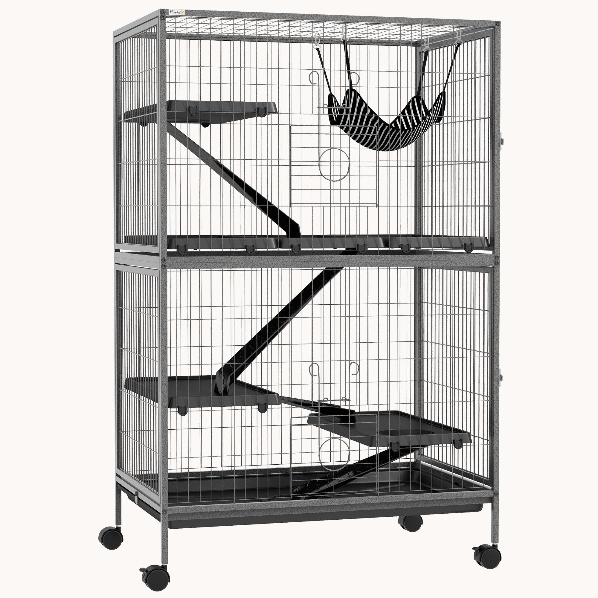 50" 5-Tier Small Animal Cage with Hammock 6-Door Design Removable Tray Dark Gray