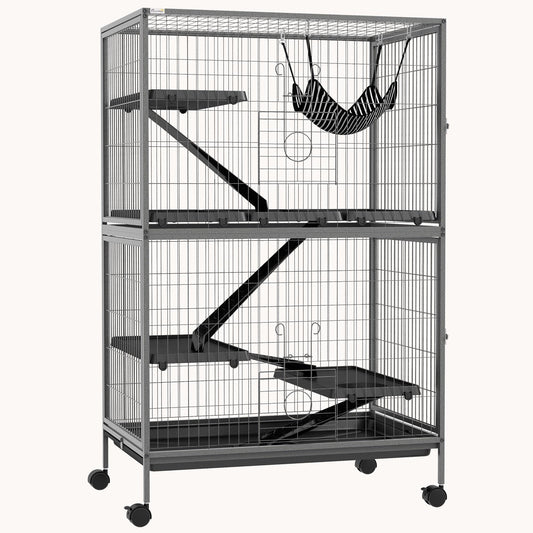 50" 5-Tier Small Animal Cage with Hammock 6-Door Design Removable Tray Dark Gray