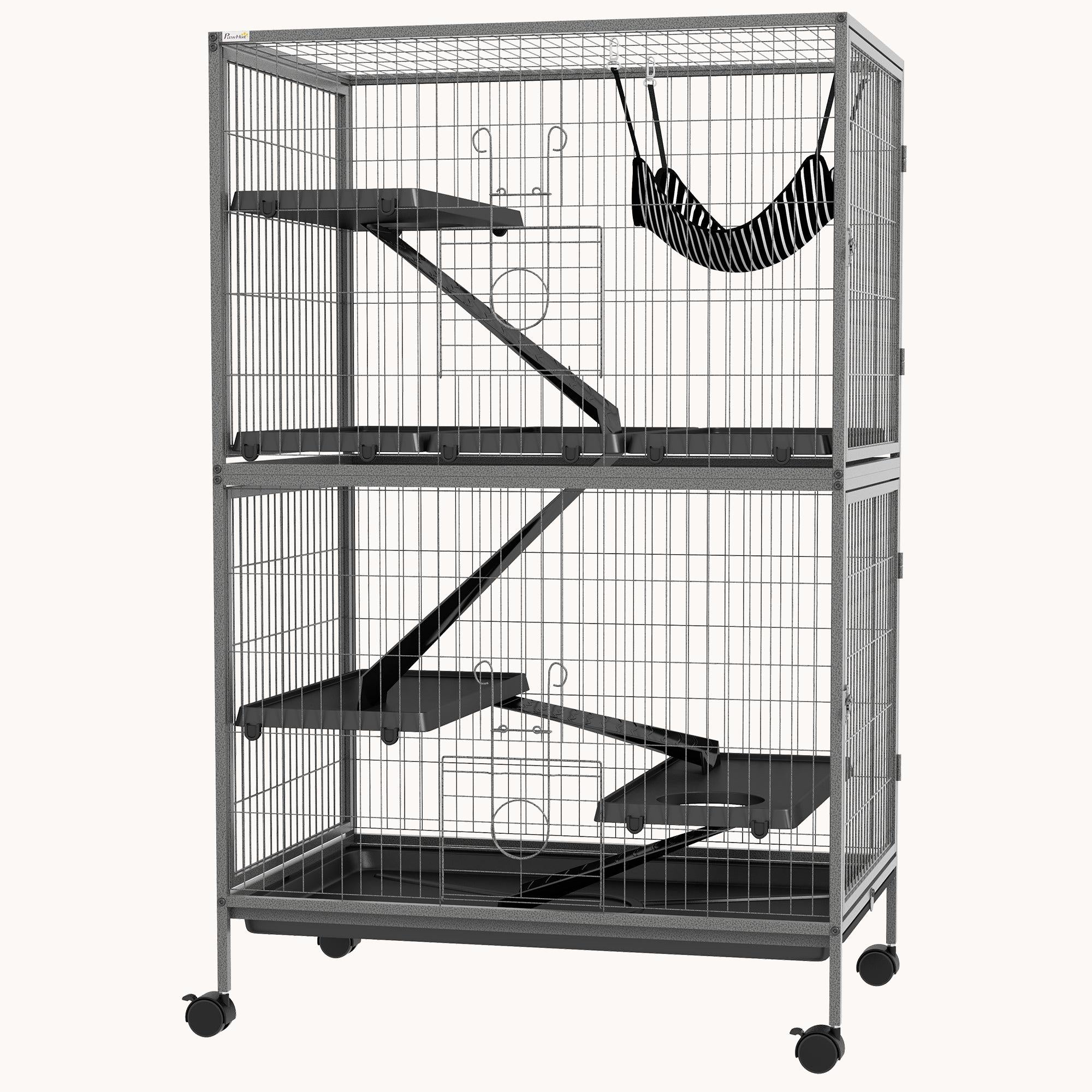 50" 5-Tier Small Animal Cage with Hammock 6-Door Design Removable Tray Dark Gray