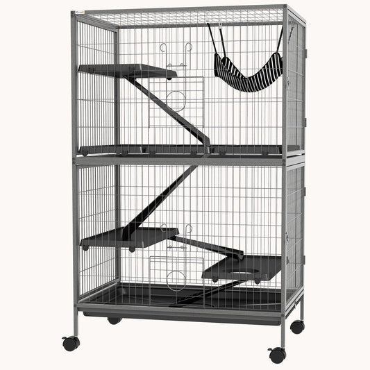 50" 5-Tier Small Animal Cage with Hammock 6-Door Design Removable Tray Dark Gray