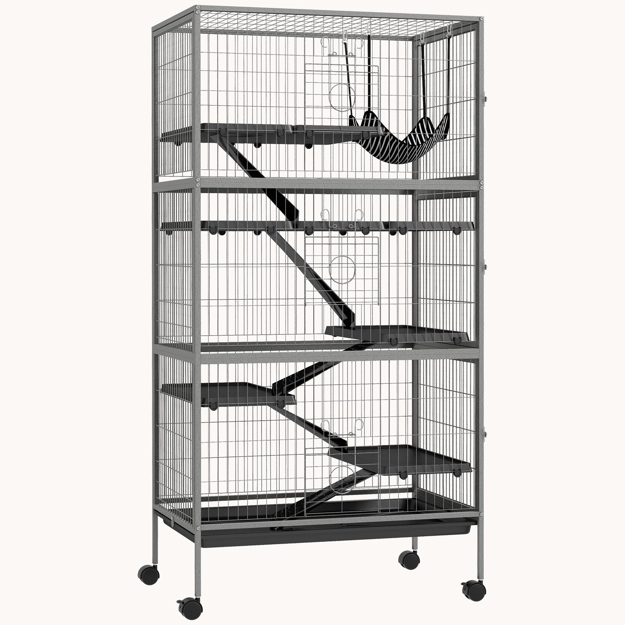 63" 6-Tier Small Animal Cage with Removable Tray, 6 Doors & Hammock Accessory, Gray