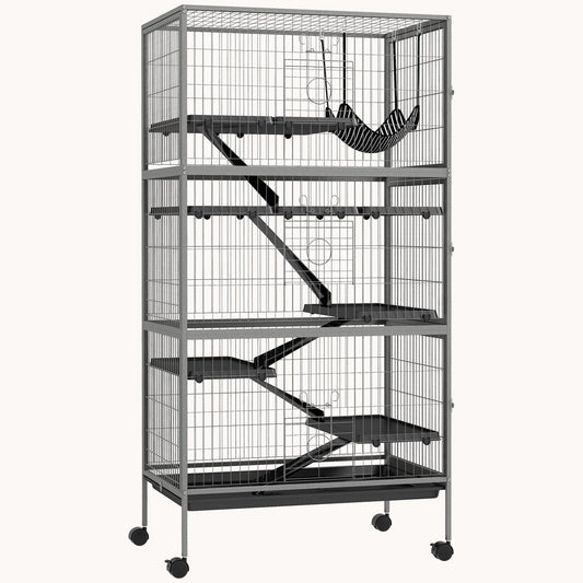 63" 6-Tier Small Animal Cage with Removable Tray, 6 Doors & Hammock Accessory, Gray