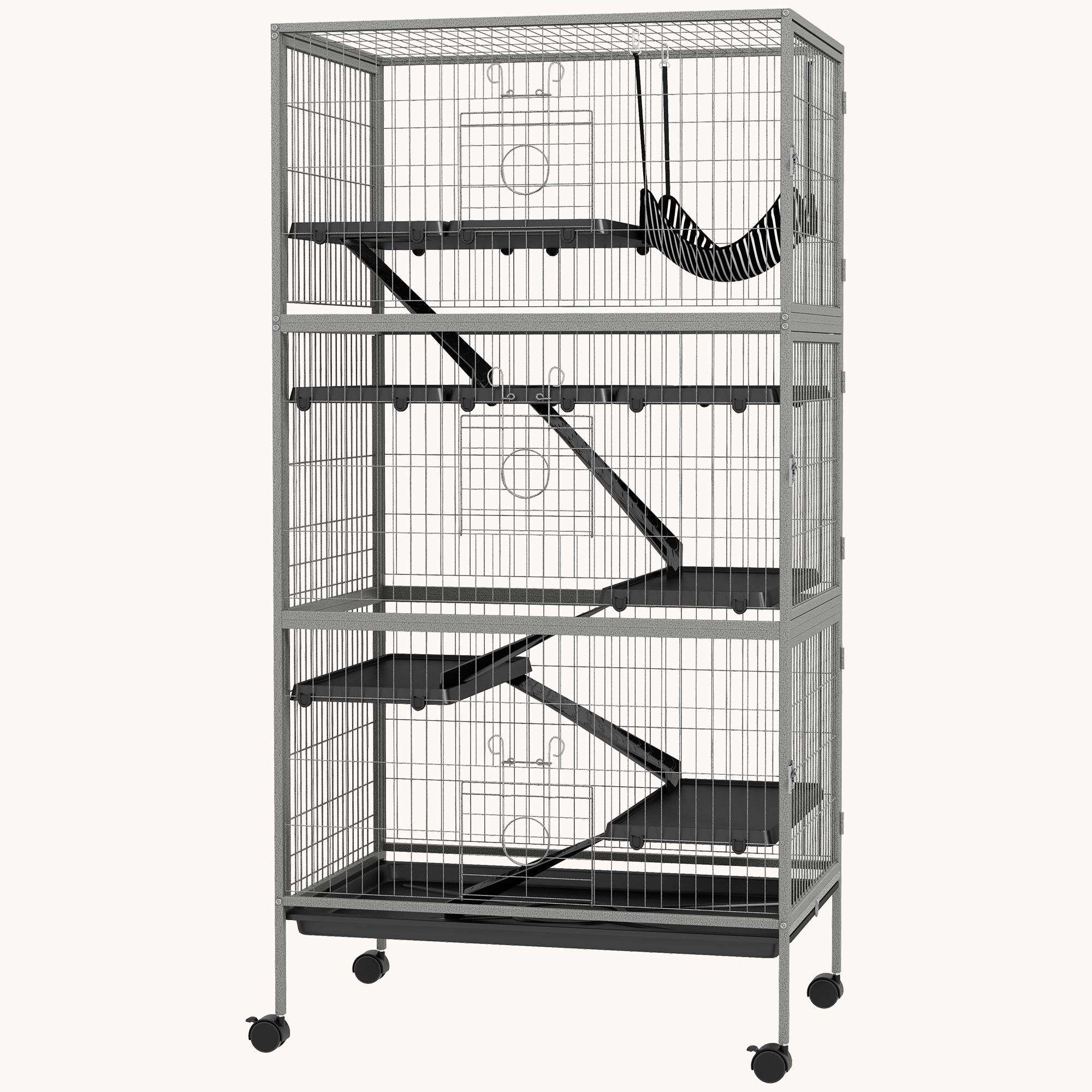 63" 6-Tier Small Animal Cage with Removable Tray, 6 Doors & Hammock Accessory, Gray