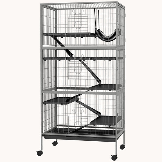 63" 6-Tier Small Animal Cage with Removable Tray, 6 Doors & Hammock Accessory, Gray