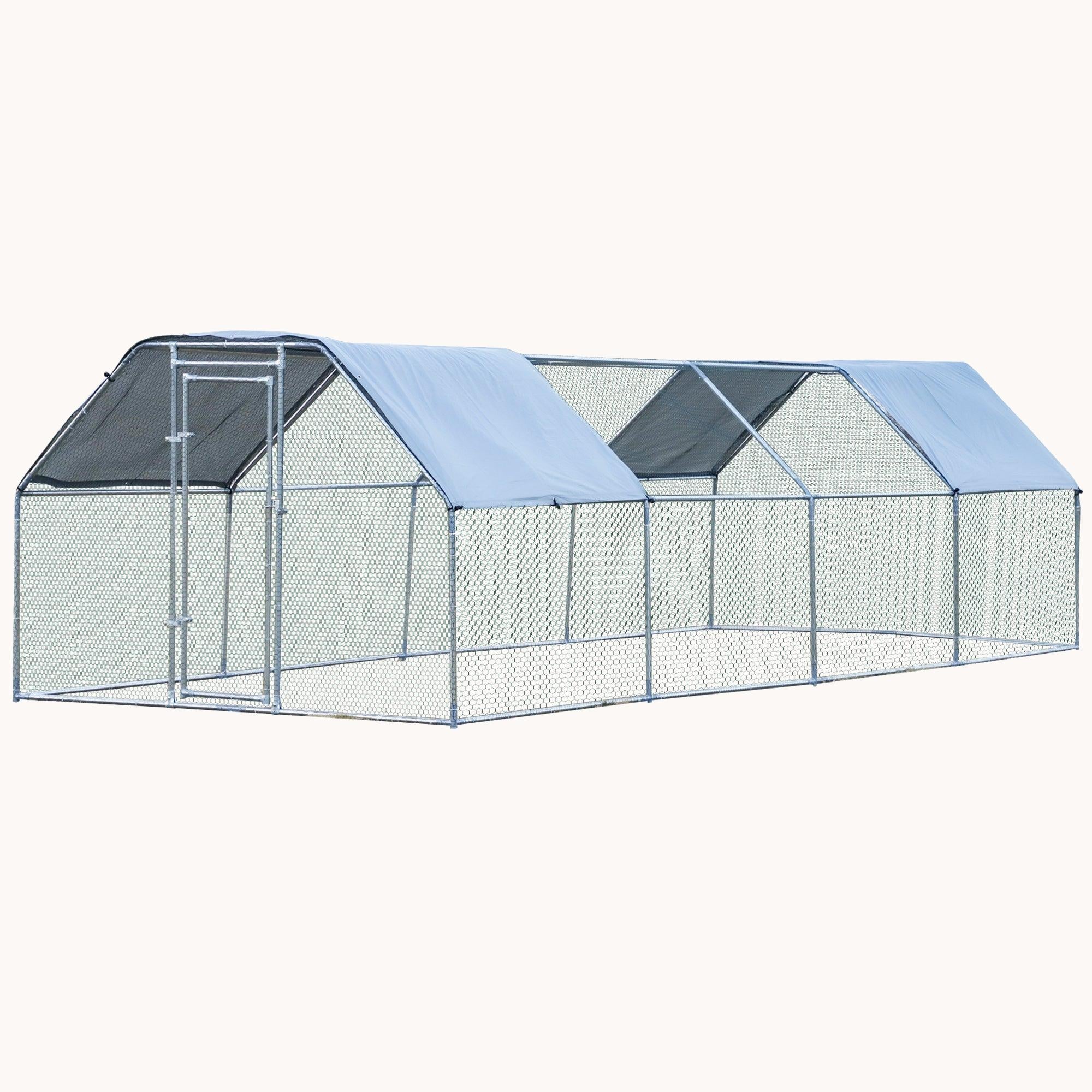 9' x 24' x 6.5' Metal Walk-in Chicken Coop with Waterproof and Anti-UV Cover, Flat-Shaped