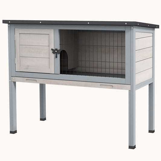 Elevated Wooden Rabbit Hutch with Asphalt Roof, Removable Tray, Gray