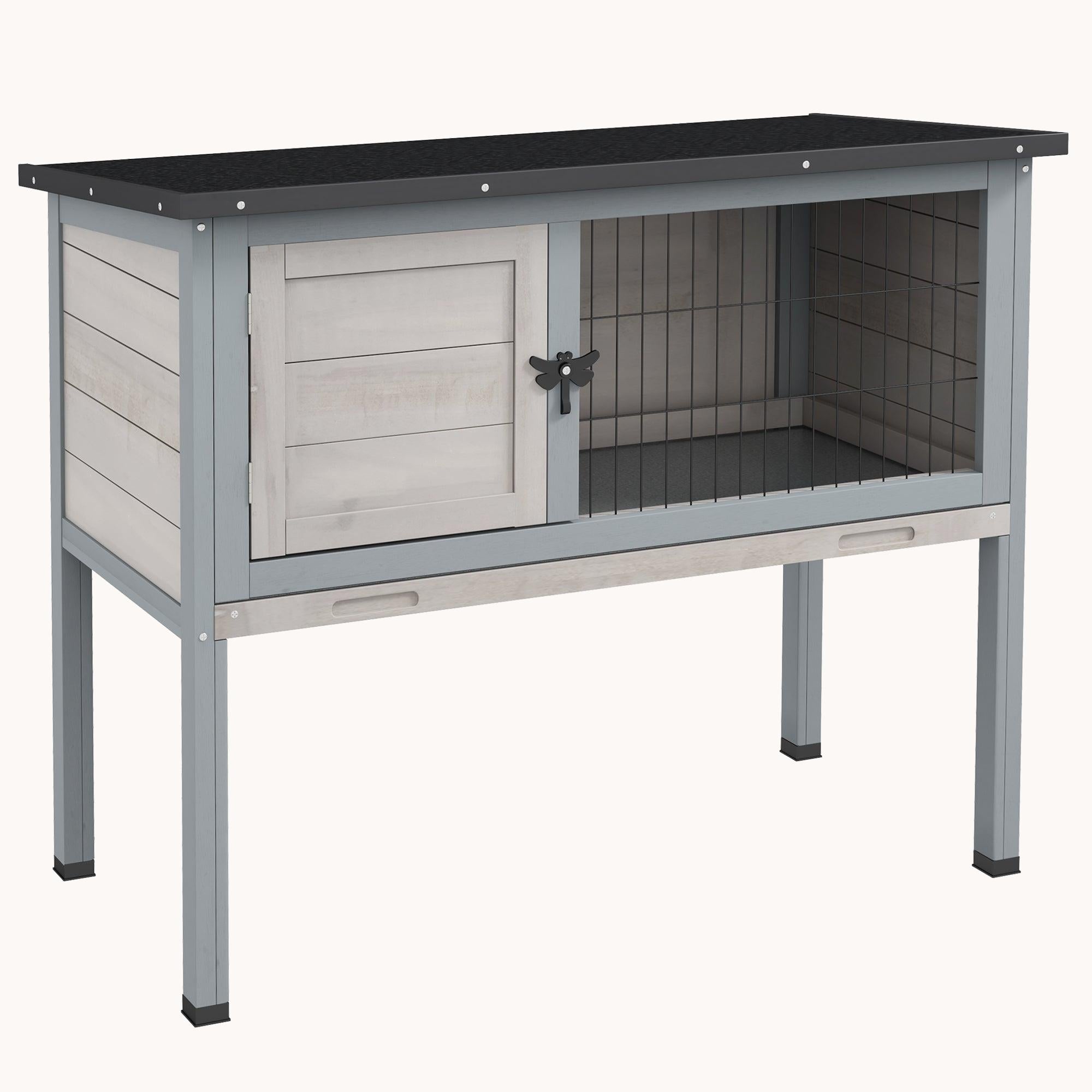 Elevated Wooden Rabbit Hutch with Asphalt Roof, Removable Tray, Gray