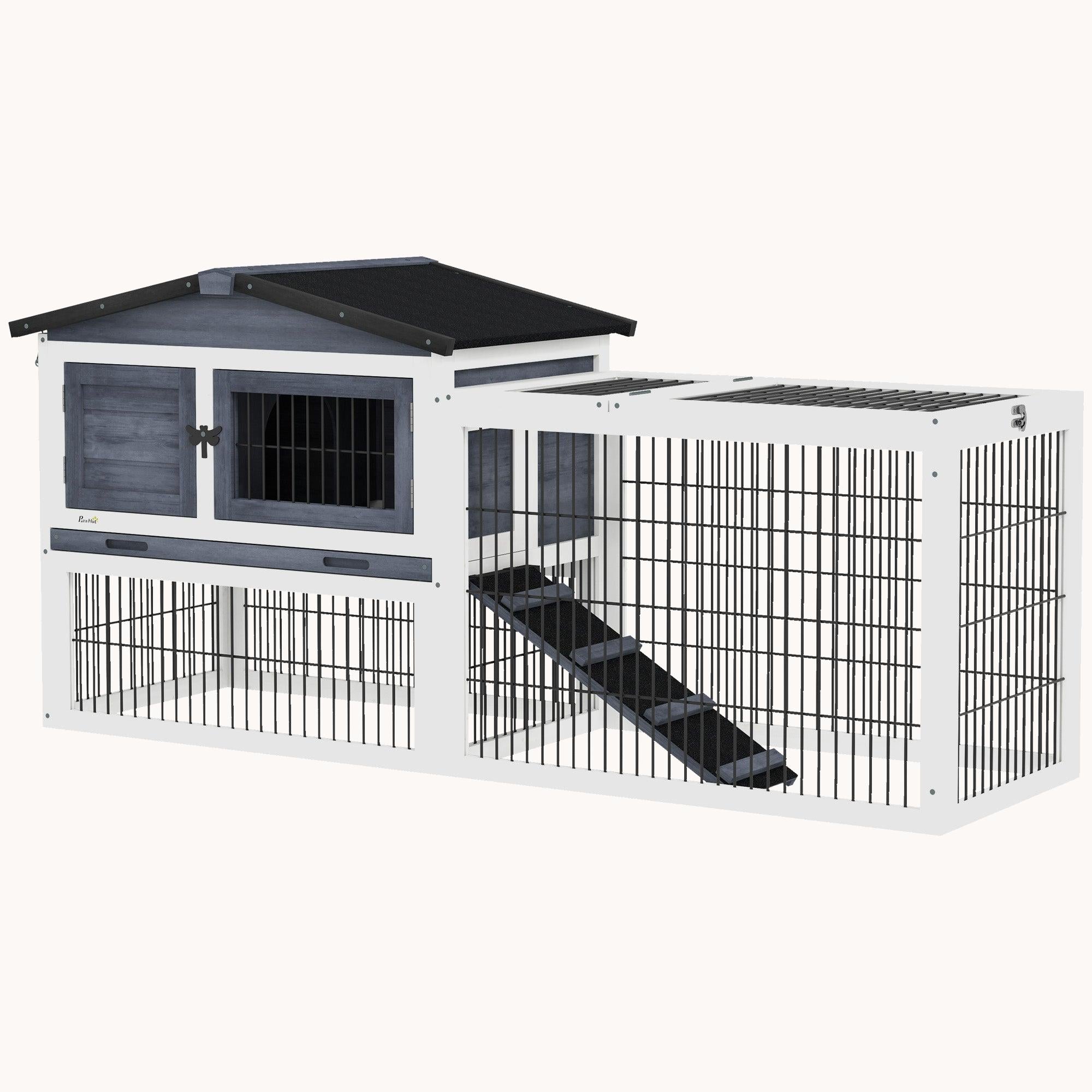 59" Outdoor 2-Level Rabbit Hutch with Weatherproof Roof, Removable Tray, Ramp - Dark Gray